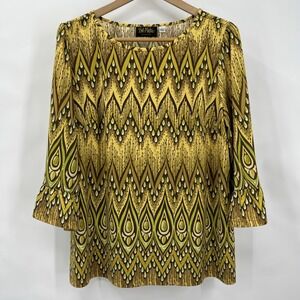 Bob Mackie Wearable Art Women L Artsy Tunic Top Tribal Flutter 3/4 Sleeve Stretc